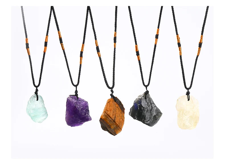 JD Natural Crystal Amethyst Raw Stone Pendant Clavicle Necklace Women Men Reiki Healing Adjustable Rope Chain Lucky Necklace