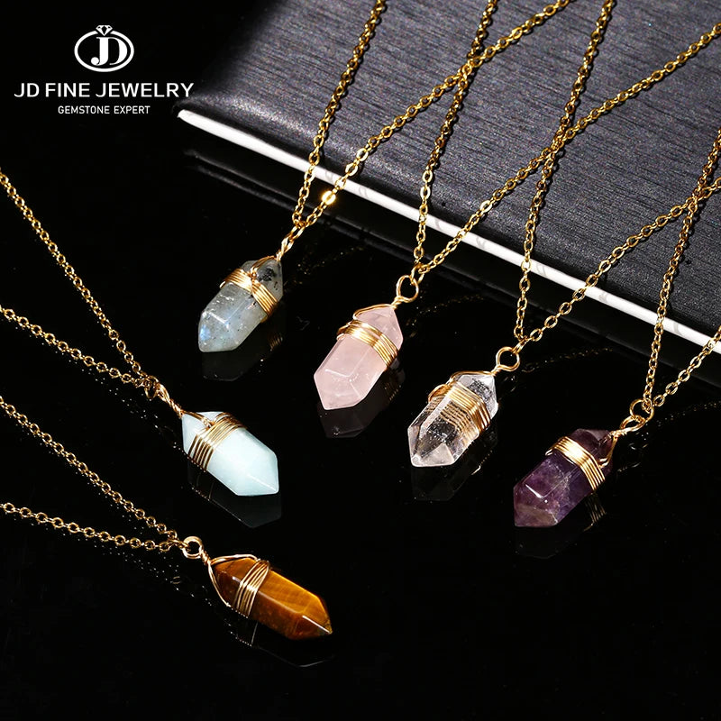 JD Natural Stone Amethyst Yellow Tiger Eye Obsidian Hexagon Column Charm Necklace Women Men Fashion Energy Healing Chain Choker