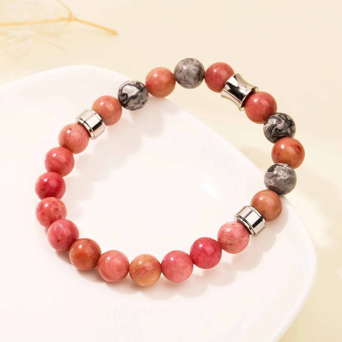 JD Natural Rhodonite Map Stone Mixed Stainless Steel Bracelets Women Men Simple Vintage Handmade Stretch Bangles Yoga Jewelry