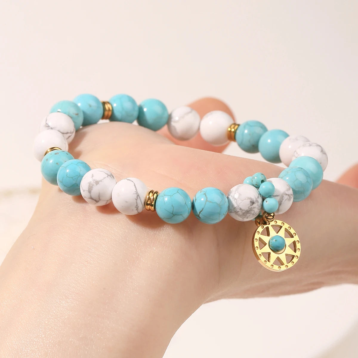 JD Natural Stone Blue Turquoise Strand Stainless Steel Sun Pendant Bracelets Women Fashion Bohemian Healing Energy Jewelry Gift