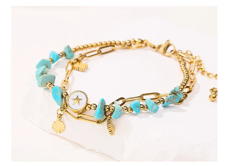JD Natural Blue Turquoise Gravel Stone Double Layer Zircon Bracelets Women Bohemian Stainless Steel Reiki Healing Friend Gift