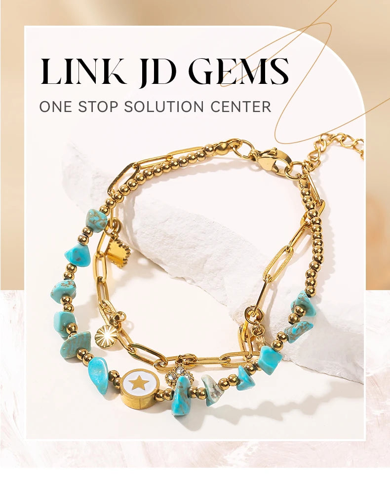 JD Natural Blue Turquoise Gravel Stone Double Layer Zircon Bracelets Women Bohemian Stainless Steel Reiki Healing Friend Gift