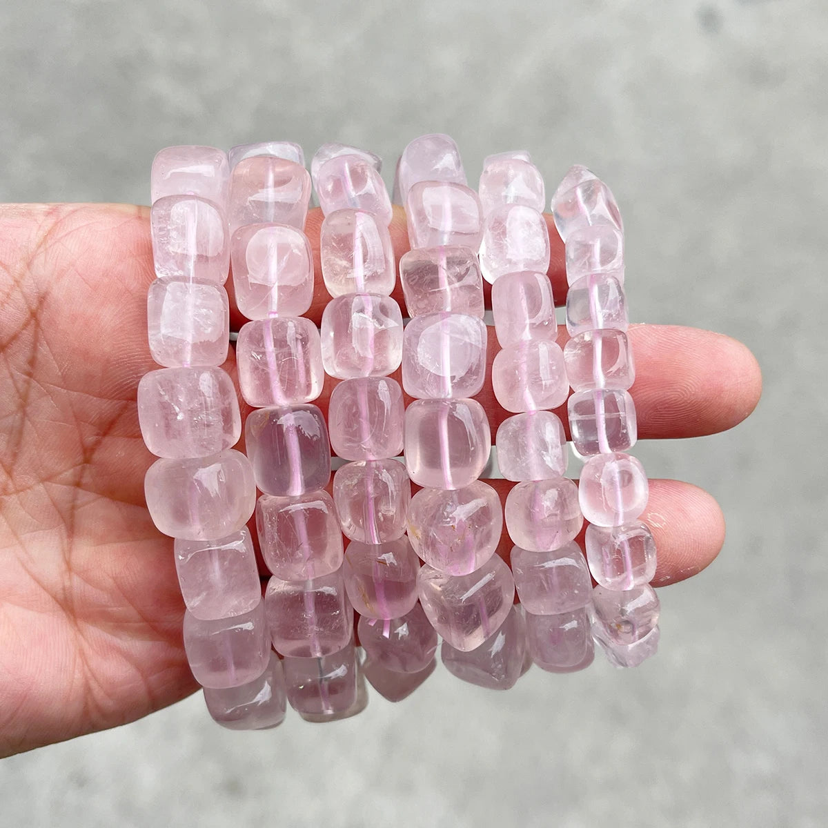 JD Natural Pink Quartz Polished Square Bead Strand Bracelets Women Charm Reiki Healing Strand Bangles Couple Party Jewelry Gift