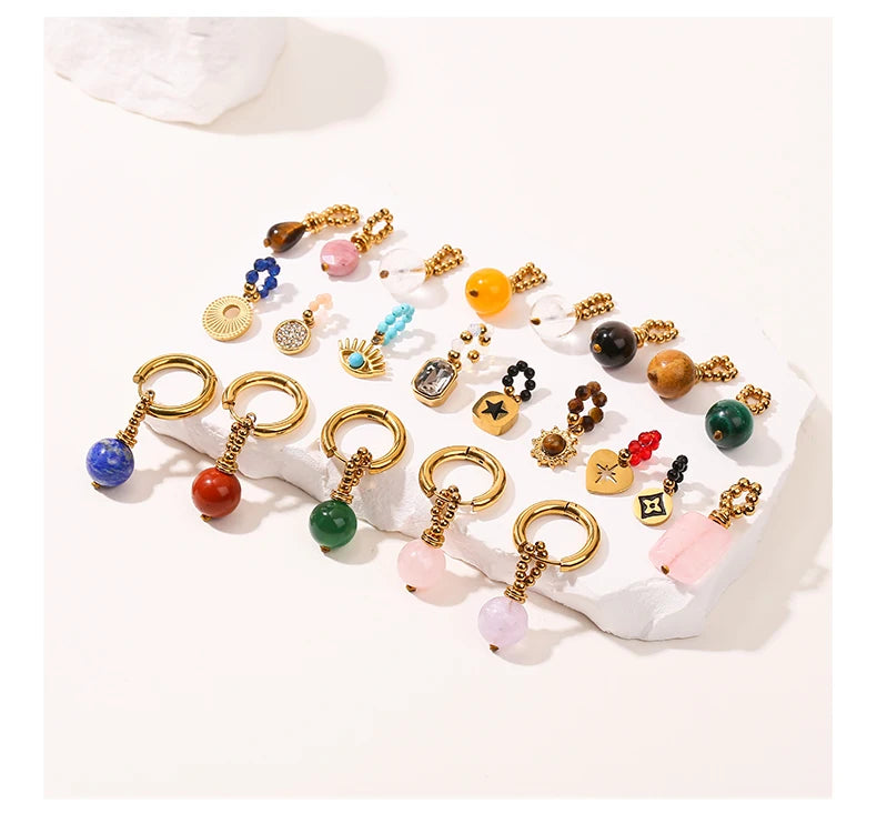 JD Natural Stone Dangle Earrings Varied DIY Design for Women Stainless Steel Hoop Earrings Crystal Pendant Jewelry Accessory