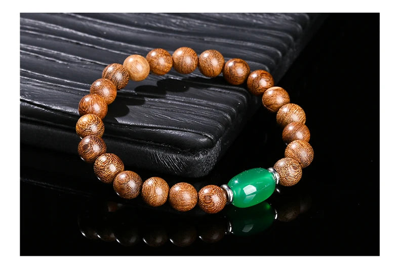 JD Natural Wooden Bracelets Golden Silk Sandalwood Green Agate Barrel Bead Buddha Bracelet Women Vintage Yoga Meditation Jewelry