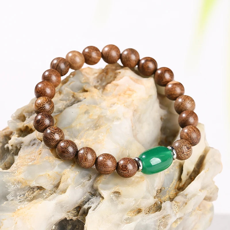 JD Natural Wooden Bracelets Golden Silk Sandalwood Green Agate Barrel Bead Buddha Bracelet Women Vintage Yoga Meditation Jewelry