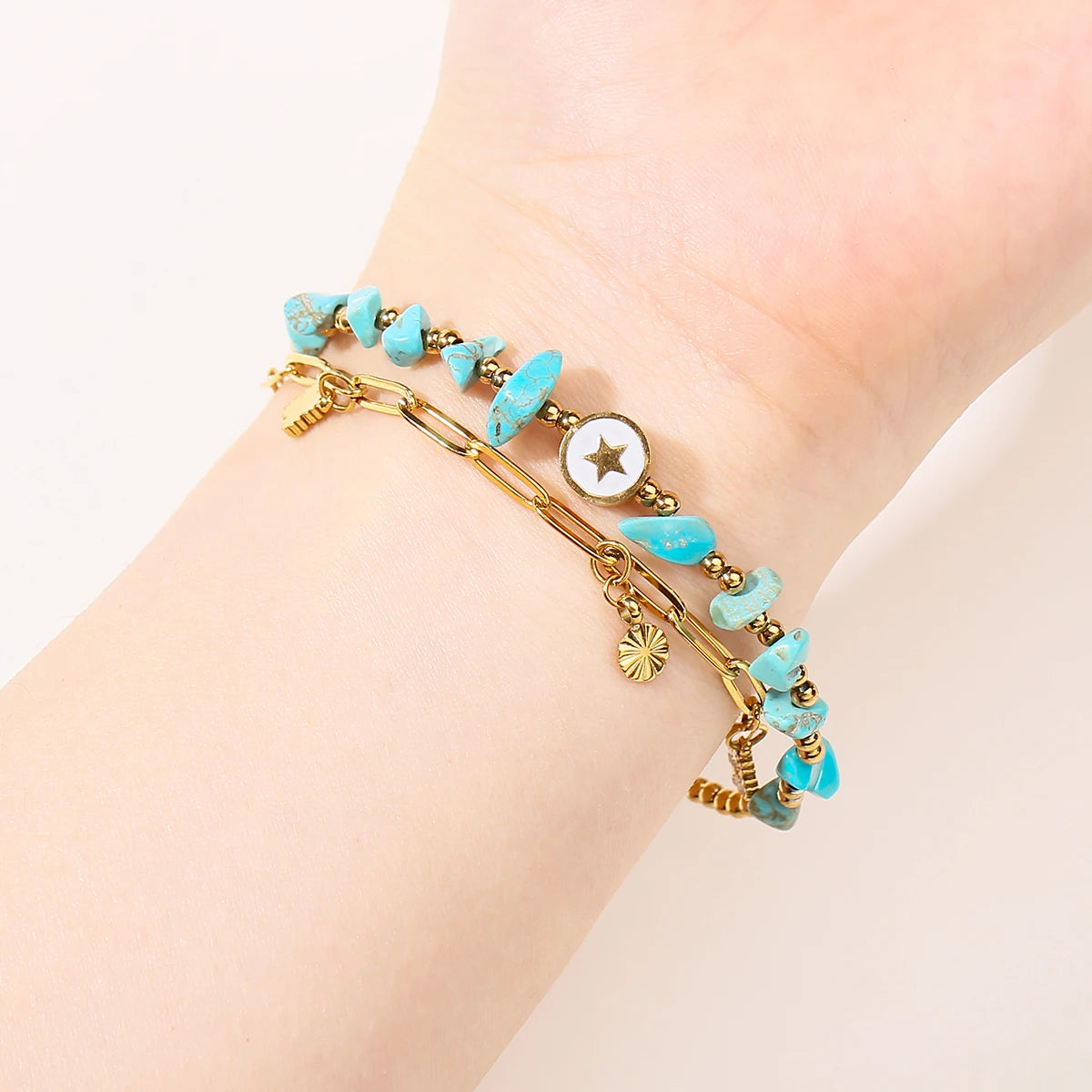 JD Natural Blue Turquoise Gravel Stone Double Layer Zircon Bracelets Women Bohemian Stainless Steel Reiki Healing Friend Gift