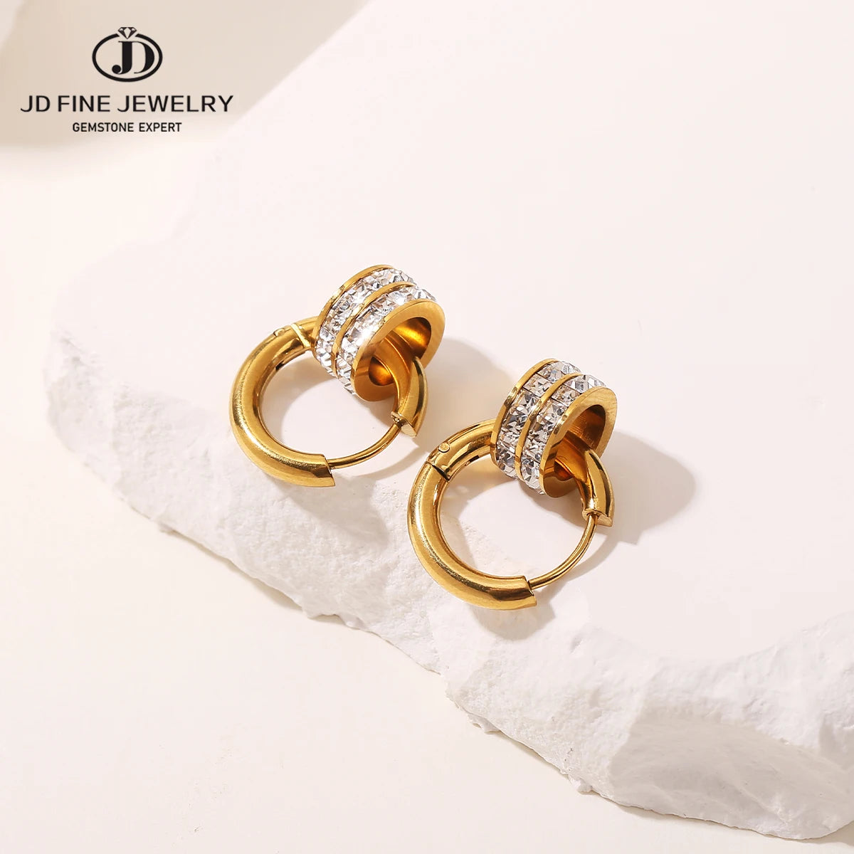 JD Stainless Steel Geometric Circle Zircon Hoop Earrings Trendy Bohemia Party Earrings For Women Buckle Hoops Ear Jewelry Gifts