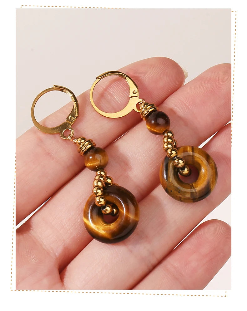JD New Fashion Earrings Natural Tiger Eye Stone Hoop Earring for Women Charm Lucky Energy Stone Handmade Stainless Steel Jewelry