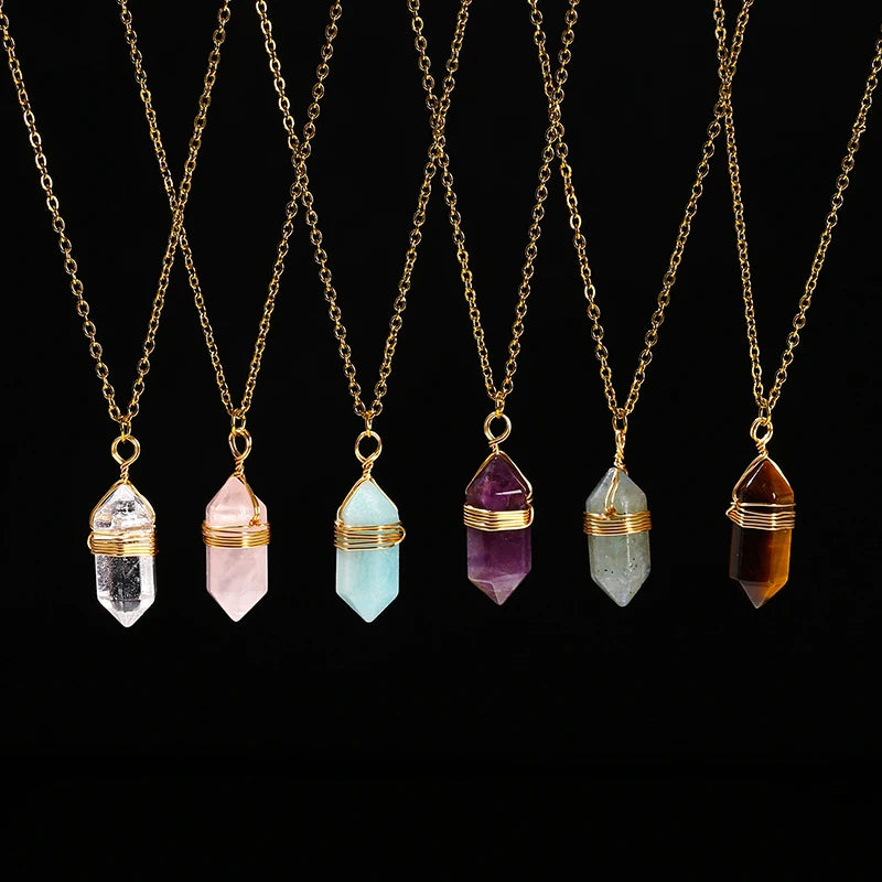 JD Natural Stone Amethyst Yellow Tiger Eye Obsidian Hexagon Column Charm Necklace Women Men Fashion Energy Healing Chain Choker