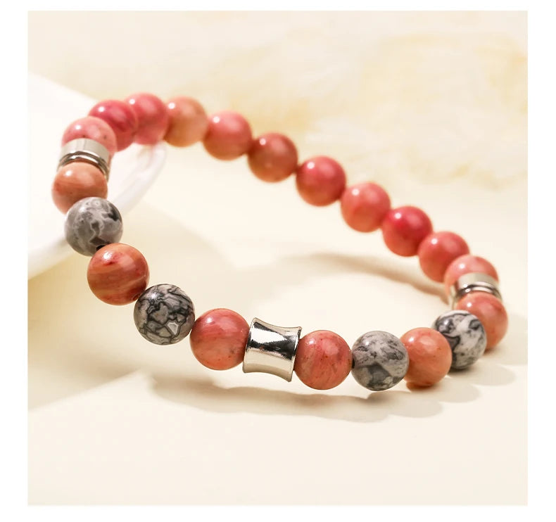 JD Natural Rhodonite Map Stone Mixed Stainless Steel Bracelets Women Men Simple Vintage Handmade Stretch Bangles Yoga Jewelry