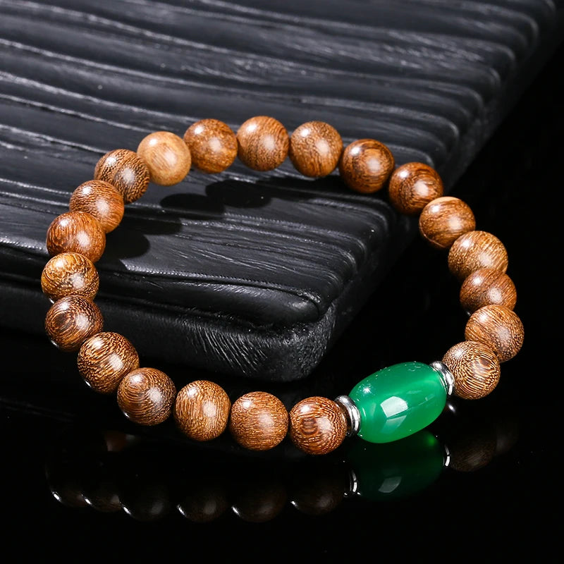 JD Natural Wooden Bracelets Golden Silk Sandalwood Green Agate Barrel Bead Buddha Bracelet Women Vintage Yoga Meditation Jewelry