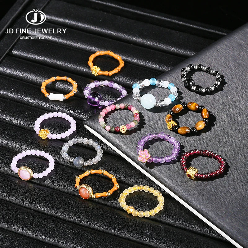 JD Natural Stone Small Bead Crystal Rings for Women Trendy Bohe Handmade Stretch Rings Reiki Healing Party Gifts Couple Jewelry
