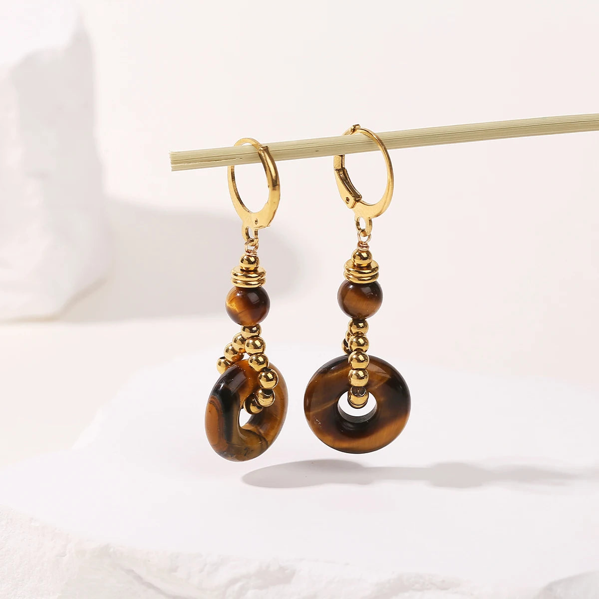 JD New Fashion Earrings Natural Tiger Eye Stone Hoop Earring for Women Charm Lucky Energy Stone Handmade Stainless Steel Jewelry