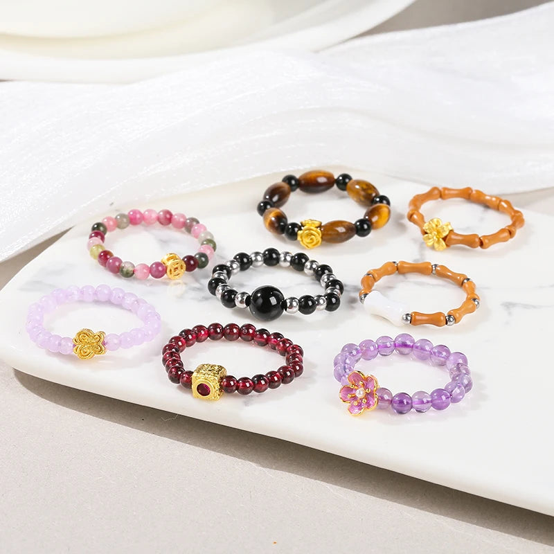 JD Natural Stone Small Bead Crystal Rings for Women Trendy Bohe Handmade Stretch Rings Reiki Healing Party Gifts Couple Jewelry