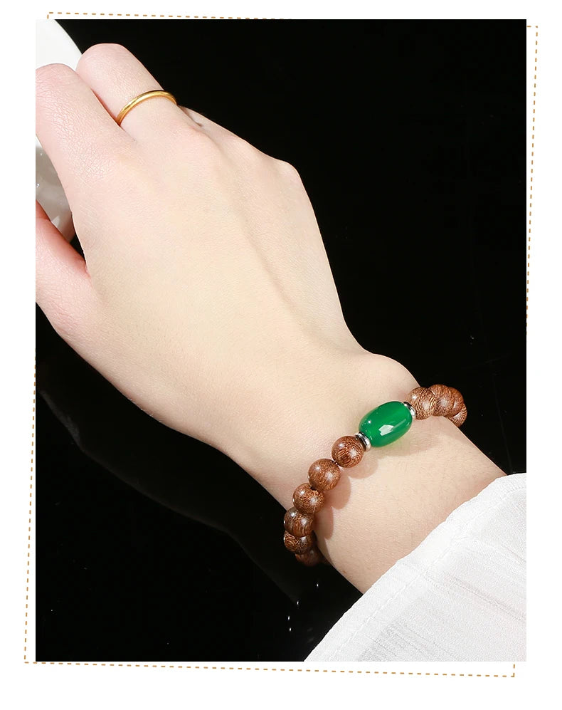 JD Natural Wooden Bracelets Golden Silk Sandalwood Green Agate Barrel Bead Buddha Bracelet Women Vintage Yoga Meditation Jewelry