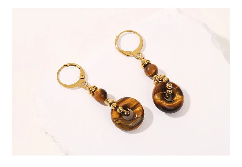 JD New Fashion Earrings Natural Tiger Eye Stone Hoop Earring for Women Charm Lucky Energy Stone Handmade Stainless Steel Jewelry