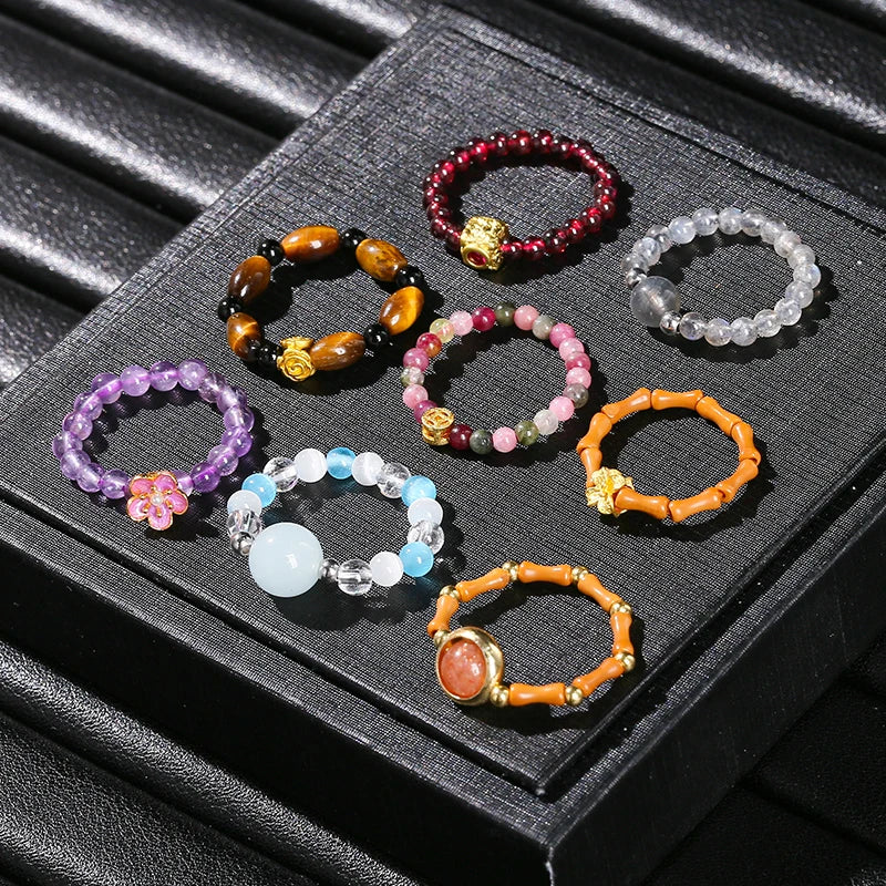 JD Natural Stone Small Bead Crystal Rings for Women Trendy Bohe Handmade Stretch Rings Reiki Healing Party Gifts Couple Jewelry