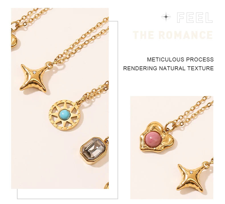 JD Stainless Steel Turquoise Zircon Geometic Patter Pendant Necklaces For Women Bohemian Delicate Wedding Jewelry Collar Mujer