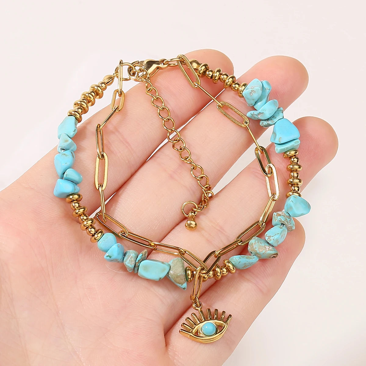 JD Natural Blue Turquoises Stone Devil's Eye Pendant Chain Double Layer Bracelet Women Bohemian Handmade Stainless Steel Jewelry