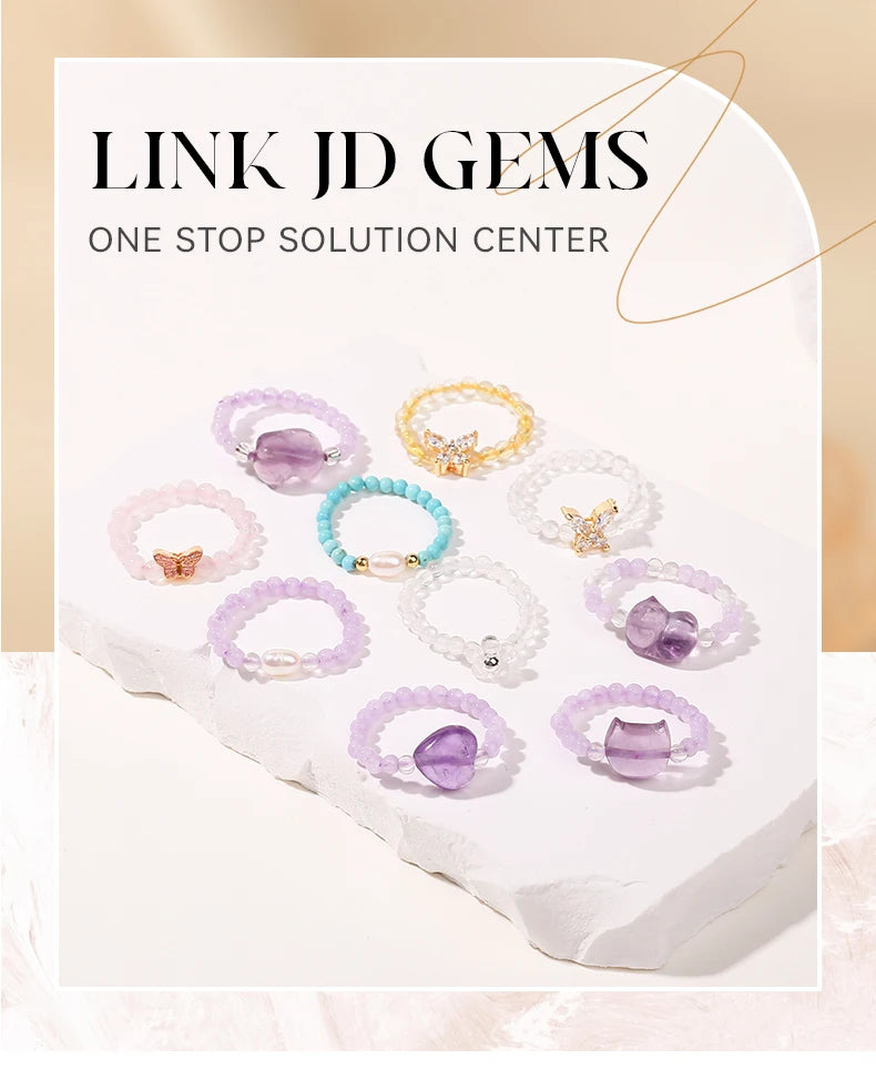 JD Natural Crystal Rings for Women Fashion Simple Sweet Small Beads Tourmaline Amethyst Turquoise Adjustable Reiki Healing Rings