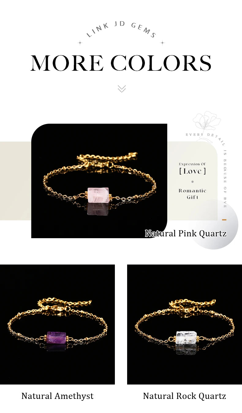 JD Natural Stone Pink Quartz Amethyst Faceted Tube Bead Stainless Steel Bracelet Women Exquisite Nugget Gems Adjustable Jewelry