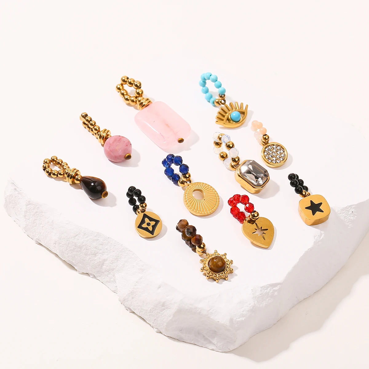 JD Natural Stone Dangle Earrings Varied DIY Design for Women Stainless Steel Hoop Earrings Crystal Pendant Jewelry Accessory
