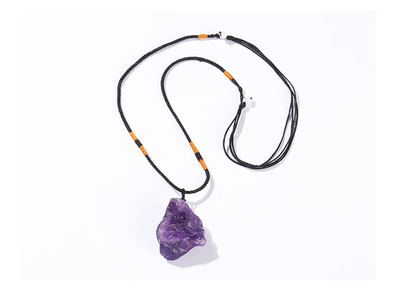 JD Natural Crystal Amethyst Raw Stone Pendant Clavicle Necklace Women Men Reiki Healing Adjustable Rope Chain Lucky Necklace