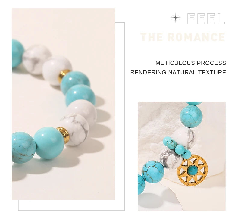 JD Natural Stone Blue Turquoise Strand Stainless Steel Sun Pendant Bracelets Women Fashion Bohemian Healing Energy Jewelry Gift