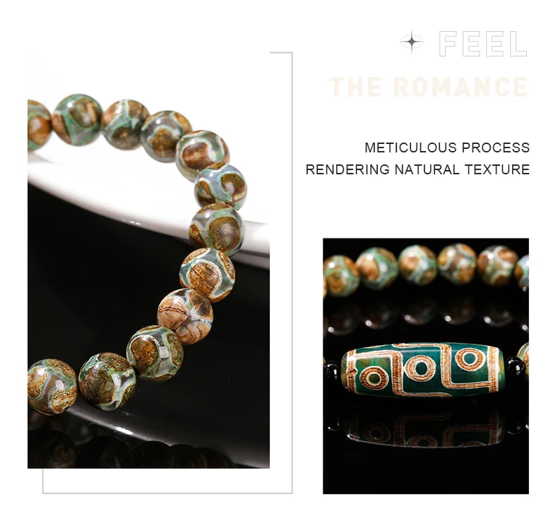 JD Natural Green Nine Eyes Tibetan Dzi Agate Barrel Beads Bracelet Women Men Retro Healing Buddha Prayer Charm Yoga Jewelry Gift