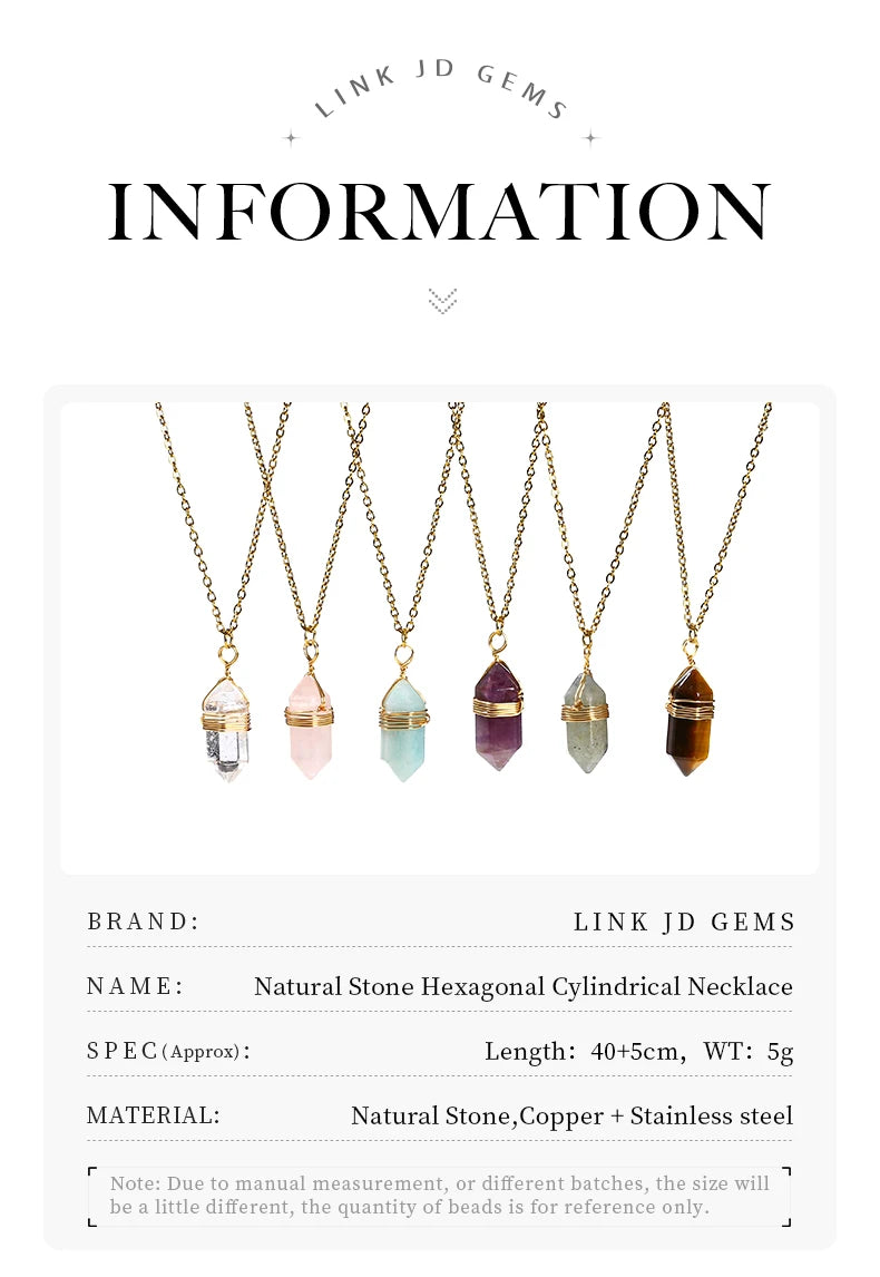 JD Natural Stone Amethyst Yellow Tiger Eye Obsidian Hexagon Column Charm Necklace Women Men Fashion Energy Healing Chain Choker