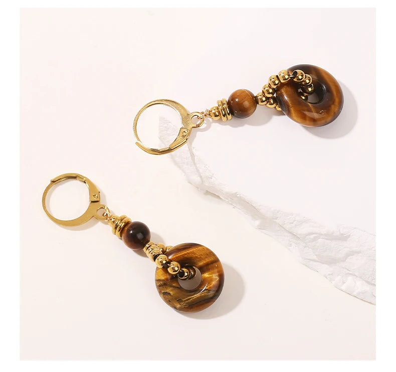 JD New Fashion Earrings Natural Tiger Eye Stone Hoop Earring for Women Charm Lucky Energy Stone Handmade Stainless Steel Jewelry