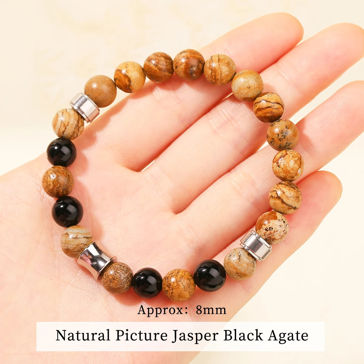 JD Natural Rhodonite Map Stone Mixed Stainless Steel Bracelets Women Men Simple Vintage Handmade Stretch Bangles Yoga Jewelry