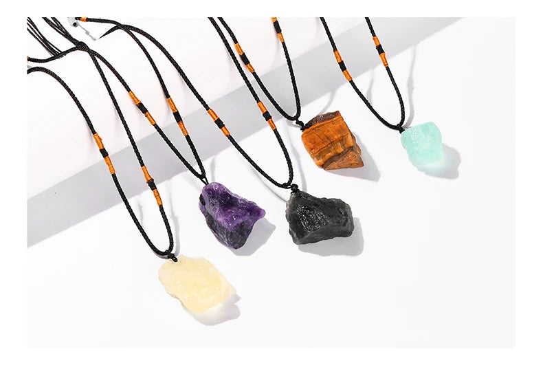 JD Natural Crystal Amethyst Raw Stone Pendant Clavicle Necklace Women Men Reiki Healing Adjustable Rope Chain Lucky Necklace