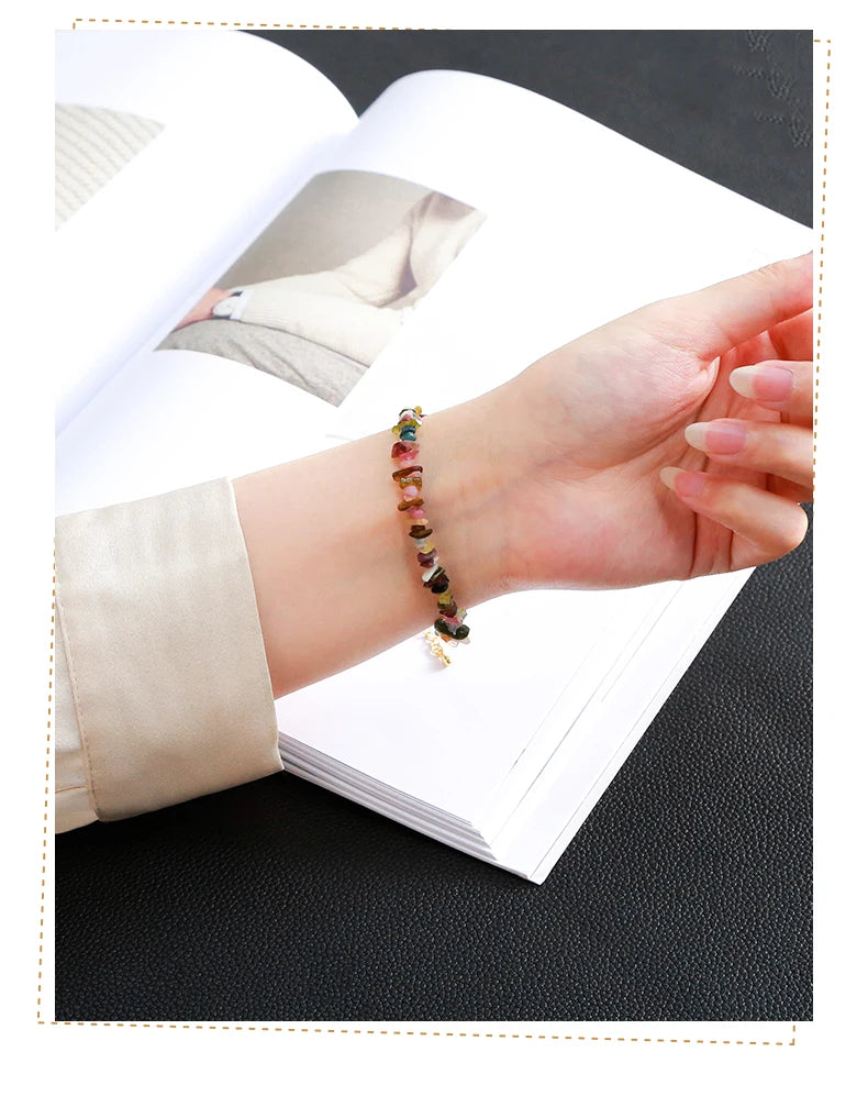 JD Natural Stone Mixed Tourmaline Gravel Lucky Chain Bracelet Women Fashion Jewelry Adjustable Chip Bracelet Yoga Chakra Gifts