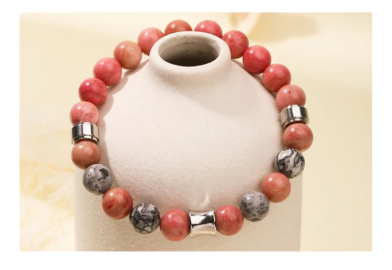 JD Natural Rhodonite Map Stone Mixed Stainless Steel Bracelets Women Men Simple Vintage Handmade Stretch Bangles Yoga Jewelry
