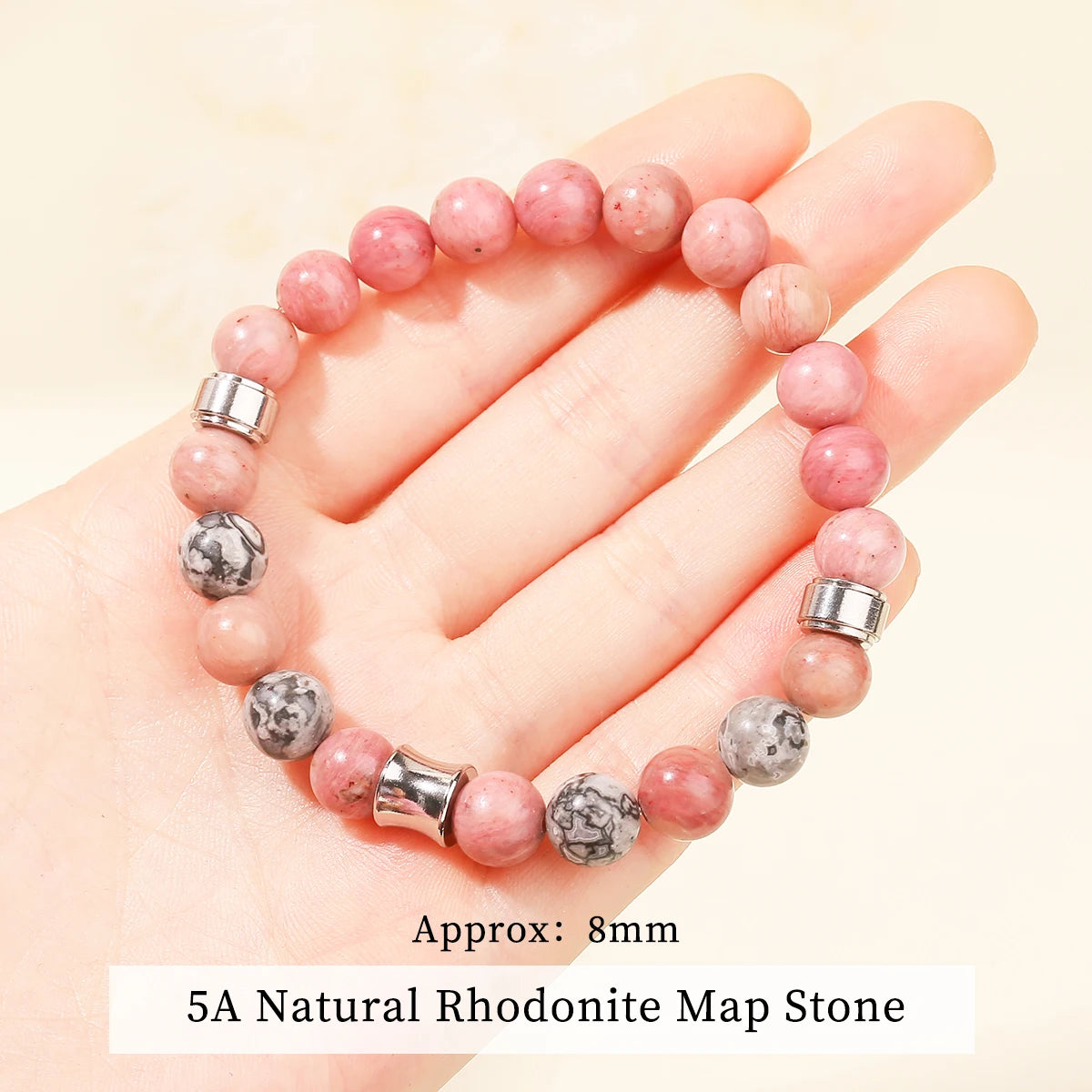 JD Natural Rhodonite Map Stone Mixed Stainless Steel Bracelets Women Men Simple Vintage Handmade Stretch Bangles Yoga Jewelry