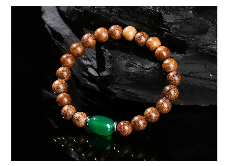 JD Natural Wooden Bracelets Golden Silk Sandalwood Green Agate Barrel Bead Buddha Bracelet Women Vintage Yoga Meditation Jewelry