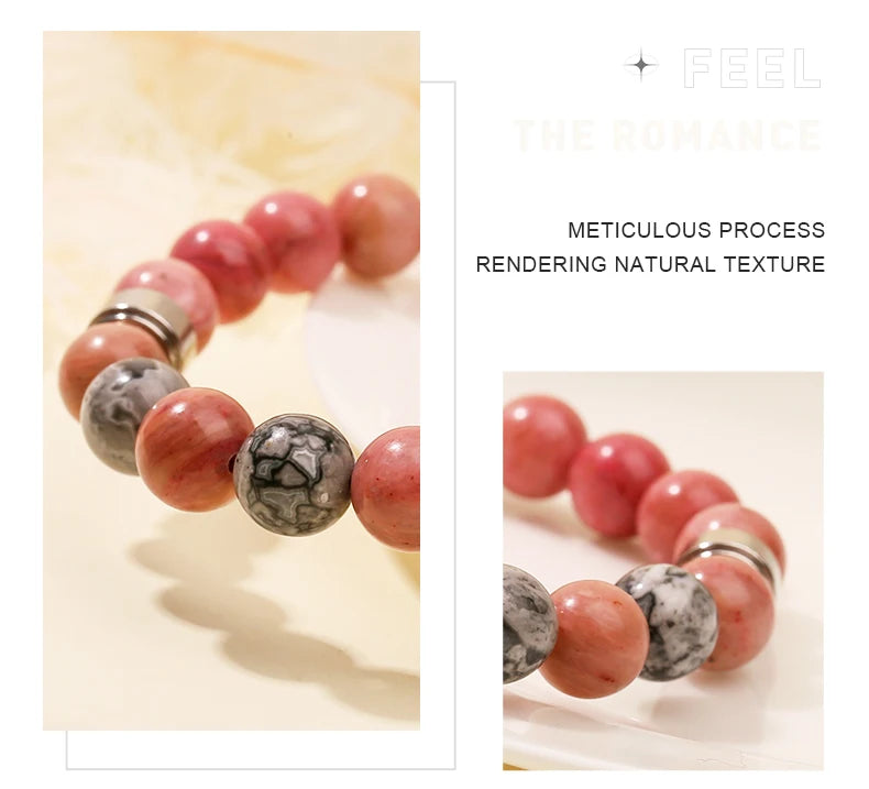 JD Natural Rhodonite Map Stone Mixed Stainless Steel Bracelets Women Men Simple Vintage Handmade Stretch Bangles Yoga Jewelry