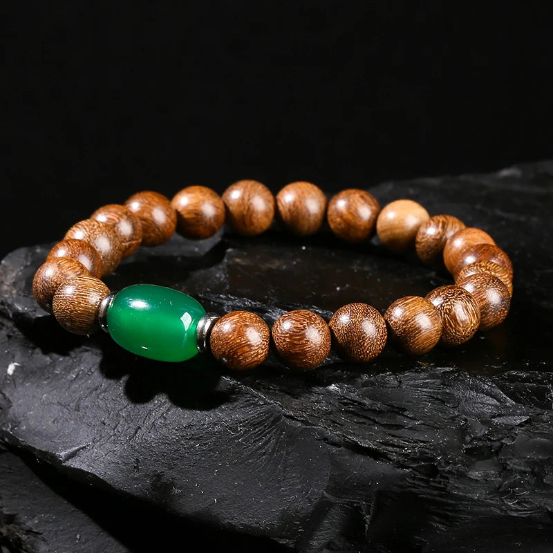 JD Natural Wooden Bracelets Golden Silk Sandalwood Green Agate Barrel Bead Buddha Bracelet Women Vintage Yoga Meditation Jewelry