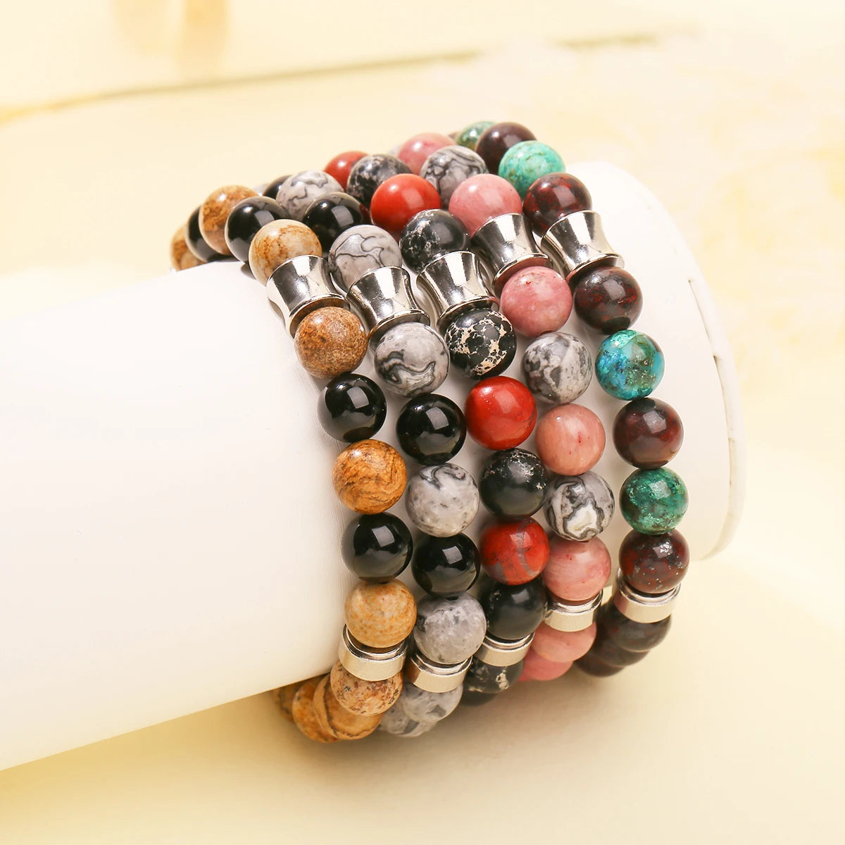 JD Natural Rhodonite Map Stone Mixed Stainless Steel Bracelets Women Men Simple Vintage Handmade Stretch Bangles Yoga Jewelry