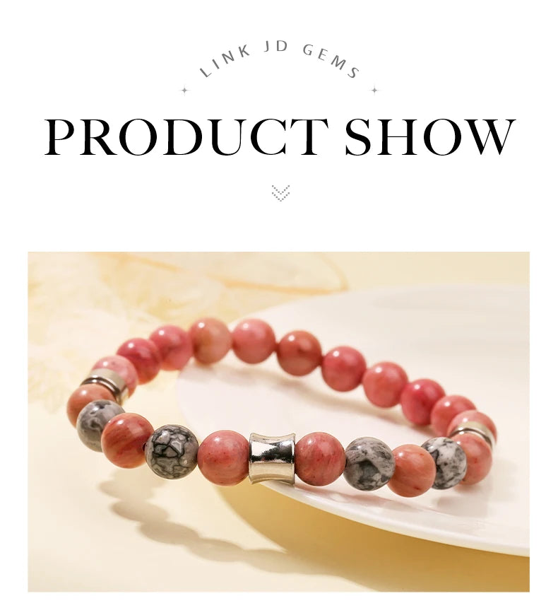 JD Natural Rhodonite Map Stone Mixed Stainless Steel Bracelets Women Men Simple Vintage Handmade Stretch Bangles Yoga Jewelry