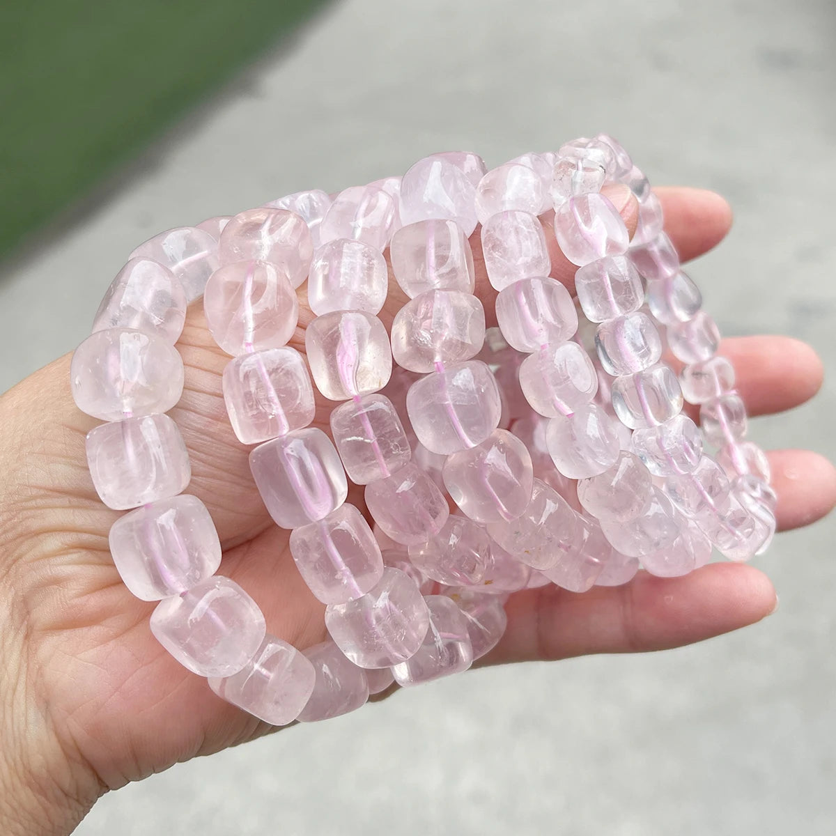 JD Natural Pink Quartz Polished Square Bead Strand Bracelets Women Charm Reiki Healing Strand Bangles Couple Party Jewelry Gift