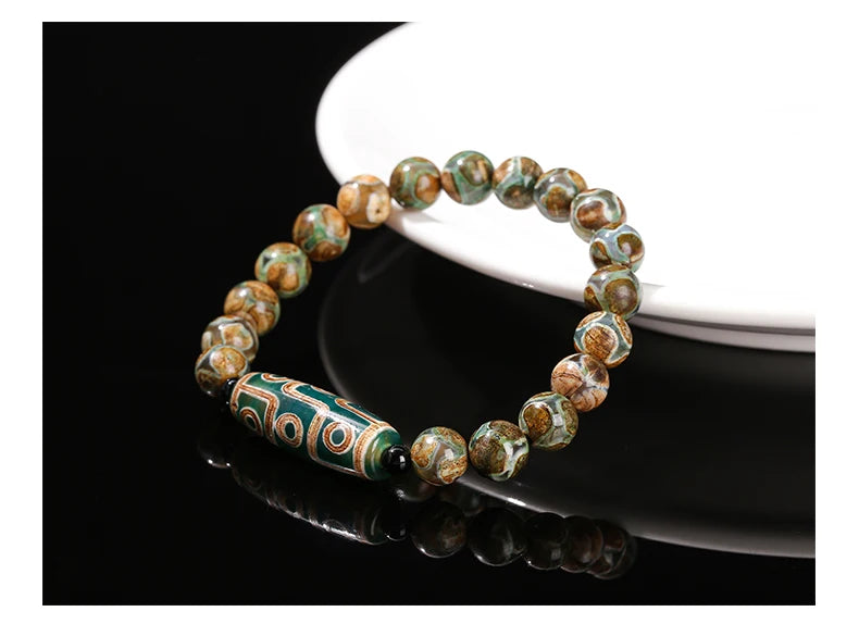JD Natural Green Nine Eyes Tibetan Dzi Agate Barrel Beads Bracelet Women Men Retro Healing Buddha Prayer Charm Yoga Jewelry Gift