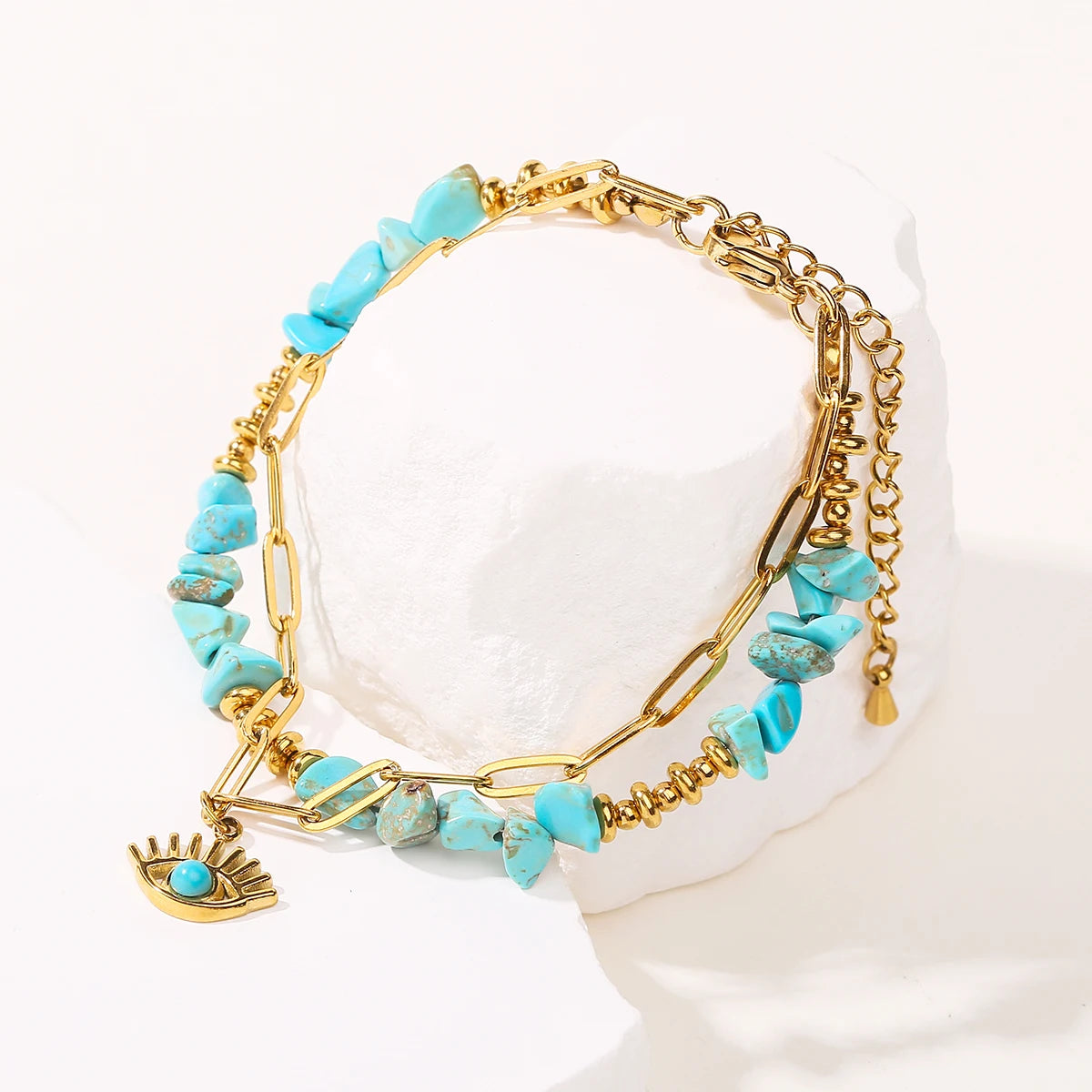 JD Natural Blue Turquoises Stone Devil's Eye Pendant Chain Double Layer Bracelet Women Bohemian Handmade Stainless Steel Jewelry