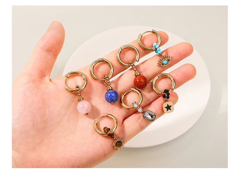 JD Natural Stone Dangle Earrings Varied DIY Design for Women Stainless Steel Hoop Earrings Crystal Pendant Jewelry Accessory