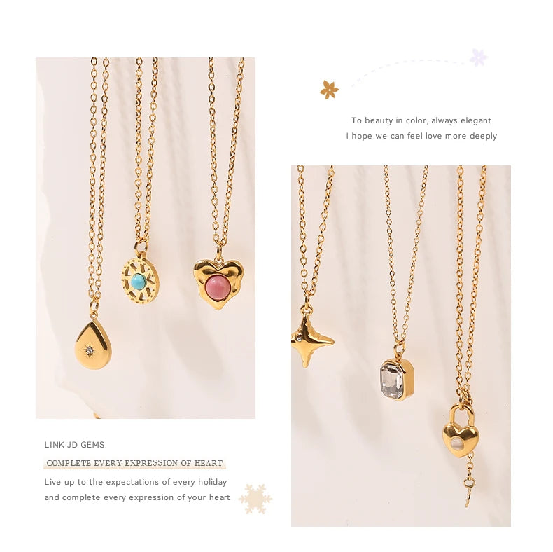JD Stainless Steel Turquoise Zircon Geometic Patter Pendant Necklaces For Women Bohemian Delicate Wedding Jewelry Collar Mujer