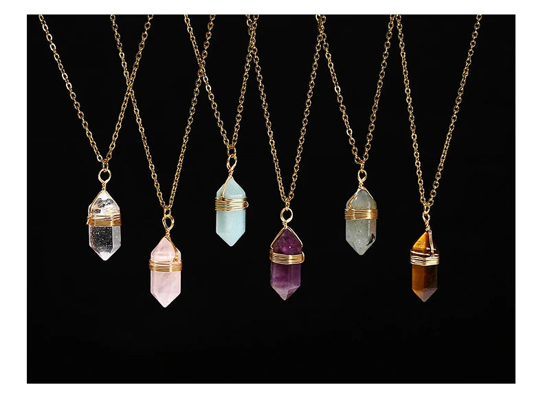 JD Natural Stone Amethyst Yellow Tiger Eye Obsidian Hexagon Column Charm Necklace Women Men Fashion Energy Healing Chain Choker