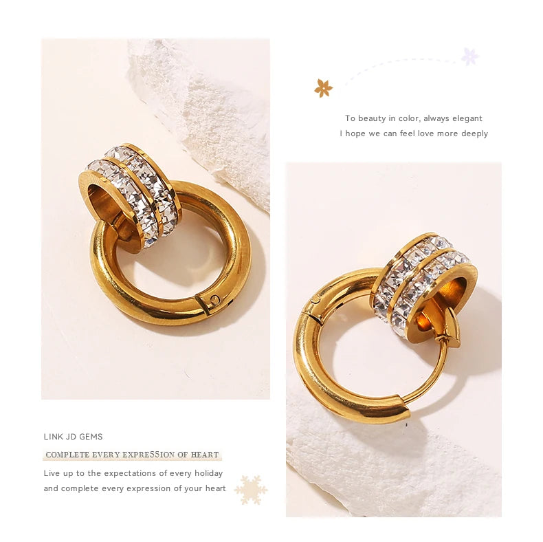 JD Stainless Steel Geometric Circle Zircon Hoop Earrings Trendy Bohemia Party Earrings For Women Buckle Hoops Ear Jewelry Gifts