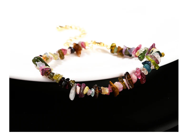 JD Natural Stone Mixed Tourmaline Gravel Lucky Chain Bracelet Women Fashion Jewelry Adjustable Chip Bracelet Yoga Chakra Gifts